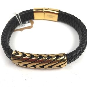 Gold Stainless Steel Black Leather Men’s Bracelet